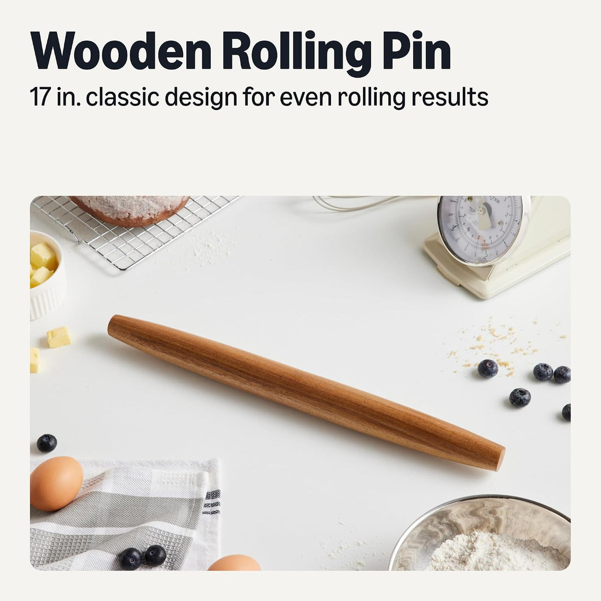 Wooden French Rolling Pin, 17 in., Acacia Wood, Nonstick, Hand Wash Only