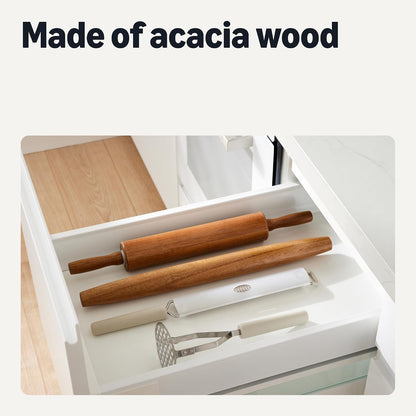 Wooden French Rolling Pin, 17 in., Acacia Wood, Nonstick, Hand Wash Only