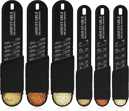 6 Pcs Adjustable Measuring Spoon Plastic Tablespoon and Teaspoon Set Baking Cooking Spoon Set for Chef Measuring Metering Kitchen Dry Liquid Ingredients Powder, 2 Sizes(Black)
