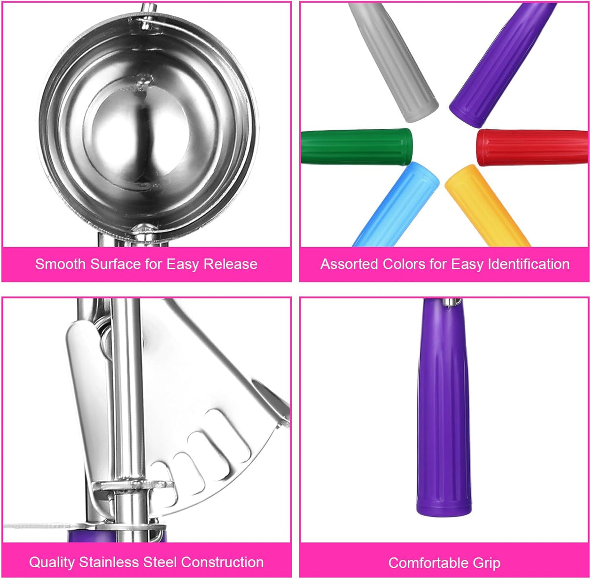 6 Pcs Ice Cream Scoops, Cookie Scoops for Baking Stainless Steel Ice Cream Scoop Cookie Dough Scoop Scooper 1.57" to 2.76" Portion Scooper Cupcake Food Batter Meatball (0.8-3.7oz)