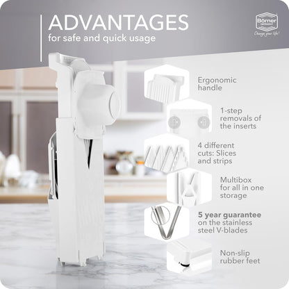 Mandoline Food Slicer V3 (Starter Set) by Reston Lloyd • V-Slicer with Blade Storage & Safety Food Holder • Made in Germany • Fruit & Vegetable Chopper • Multiple Settings: White