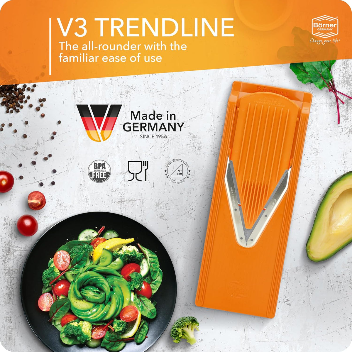 Mandoline Food Slicer V3 (Starter Set) by Reston Lloyd • V-Slicer with Blade Storage & Safety Food Holder • Made in Germany • Fruit & Vegetable Chopper • Multiple Settings: White