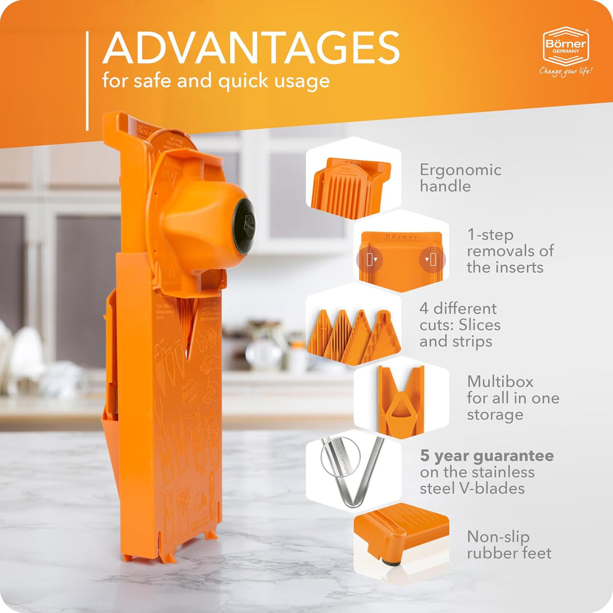 Mandoline Food Slicer V3 (Starter Set) by Reston Lloyd • V-Slicer with Blade Storage & Safety Food Holder • Made in Germany • Fruit & Vegetable Chopper • Multiple Settings: White