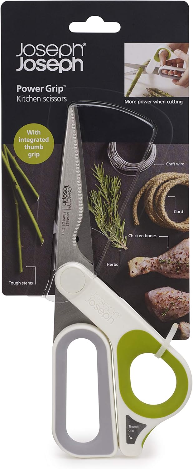 PowerGrip Kitchen Shears Scissors with Thumb Grip and Herb Stripper Separates for Cleaning Japanese Stainless-Steel, White/Green
