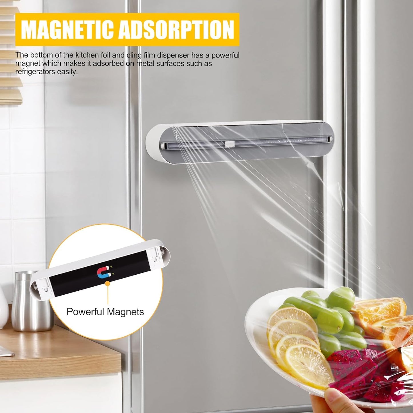 Aluminum Foil & Plastic Wrap Dispenser with Slide Cutter - Magnetic & No-Drill Wall Mount, Cling Film Dispenser for Worktops & Cabinets, Space-Saving Kitchen Organizer - Fits 12" Rolls, White