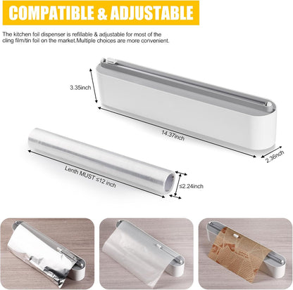 Aluminum Foil & Plastic Wrap Dispenser with Slide Cutter - Magnetic & No-Drill Wall Mount, Cling Film Dispenser for Worktops & Cabinets, Space-Saving Kitchen Organizer - Fits 12" Rolls, White