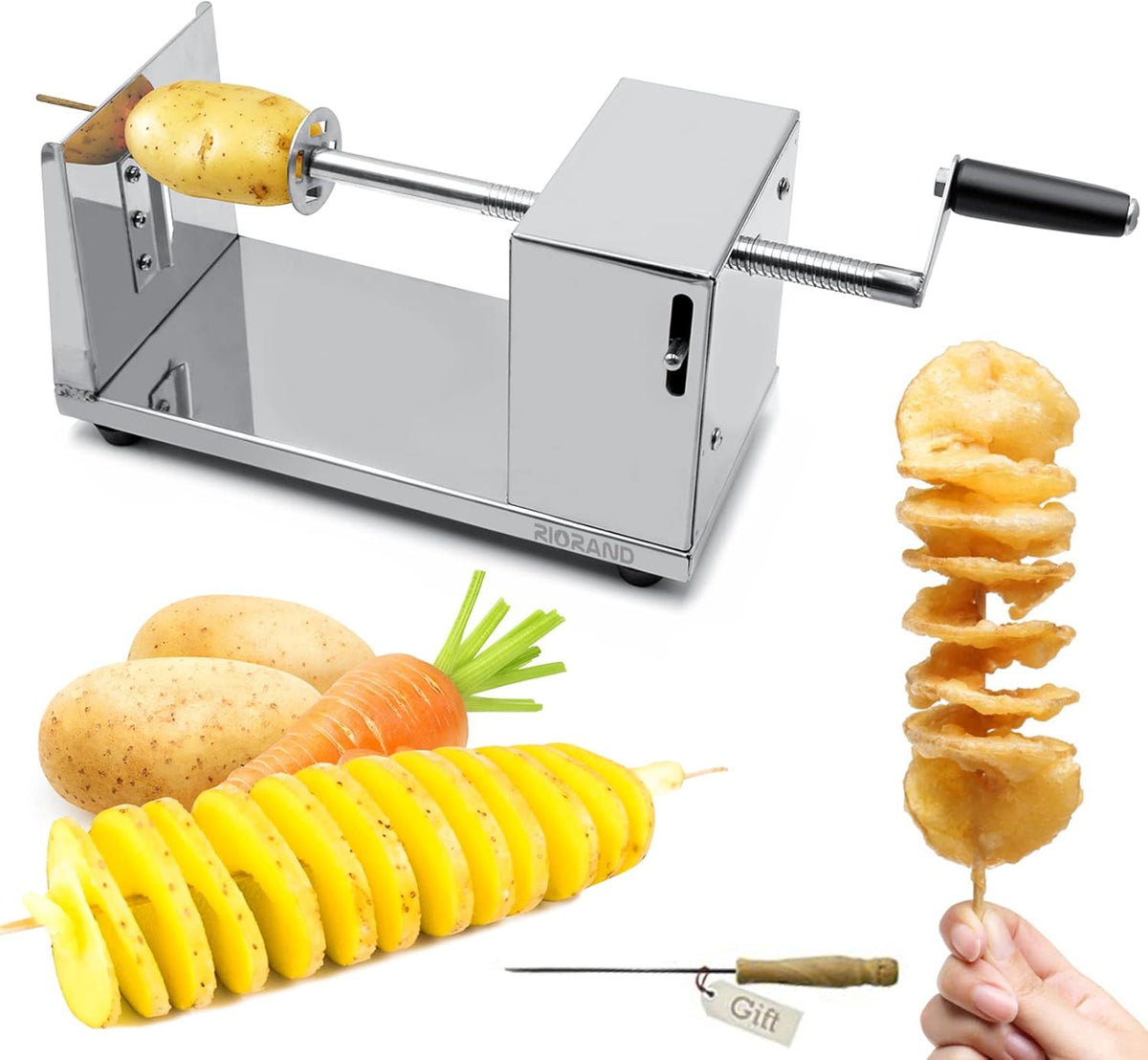 Manual Spiral Potato Cutter, Stainless Steel Tornado Twister with Blades for Curly Fries, DIY Potato Slicer for Home Kitchen, BBQ, Carrots, Cucumbers