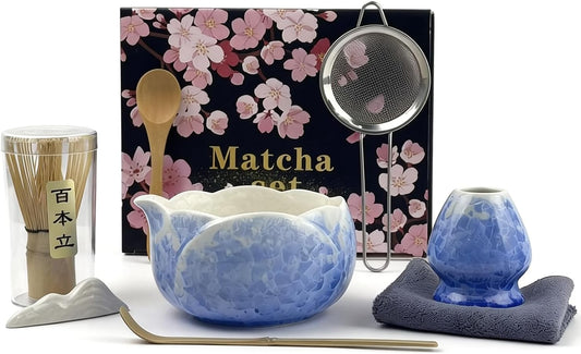 Matcha Whisk Set, Ceramic Matcha Set, Matcha Bowl with Spout and Whisk,8 pcs Matcha Tea Kit for Matcha Lovers, Ideal Gift Christmas, Birthday (Blue)