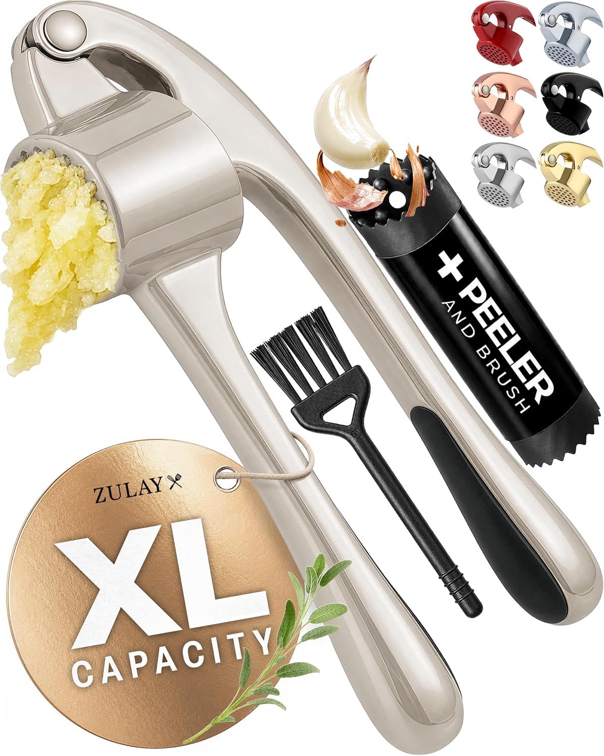 Large Premium Garlic Press Set - Bigger Bowl for Bigger Garlic - Rust Proof Garlic Mincer Tool - Easy-Squeeze, Easy-Clean Silicone Garlic Peeler & Brush (Silver)