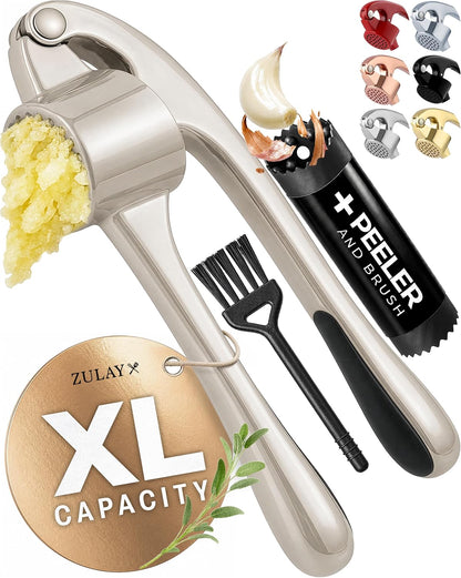 Large Premium Garlic Press Set - Bigger Bowl for Bigger Garlic - Rust Proof Garlic Mincer Tool - Easy-Squeeze, Easy-Clean Silicone Garlic Peeler & Brush (Silver)