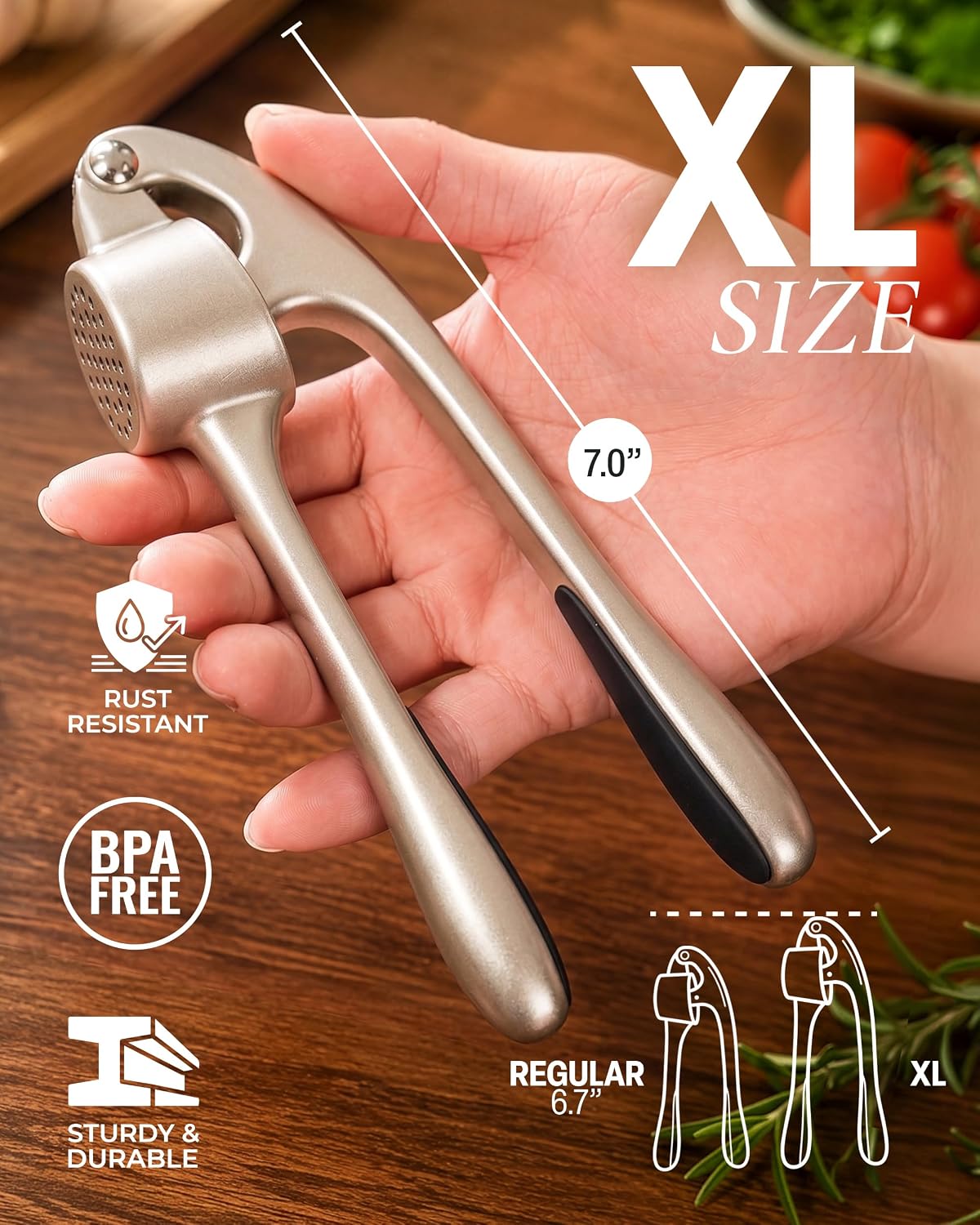 Large Premium Garlic Press Set - Bigger Bowl for Bigger Garlic - Rust Proof Garlic Mincer Tool - Easy-Squeeze, Easy-Clean Silicone Garlic Peeler & Brush (Silver)