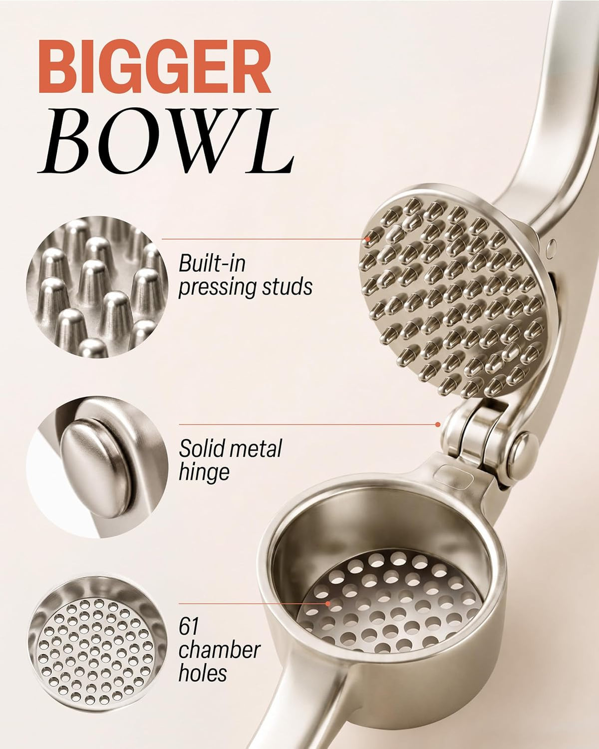 Large Premium Garlic Press Set - Bigger Bowl for Bigger Garlic - Rust Proof Garlic Mincer Tool - Easy-Squeeze, Easy-Clean Silicone Garlic Peeler & Brush (Silver)