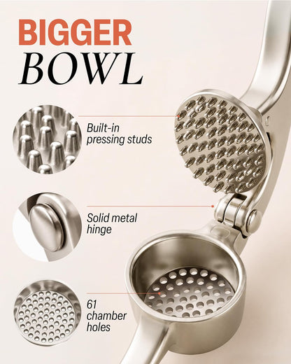 Large Premium Garlic Press Set - Bigger Bowl for Bigger Garlic - Rust Proof Garlic Mincer Tool - Easy-Squeeze, Easy-Clean Silicone Garlic Peeler & Brush (Silver)