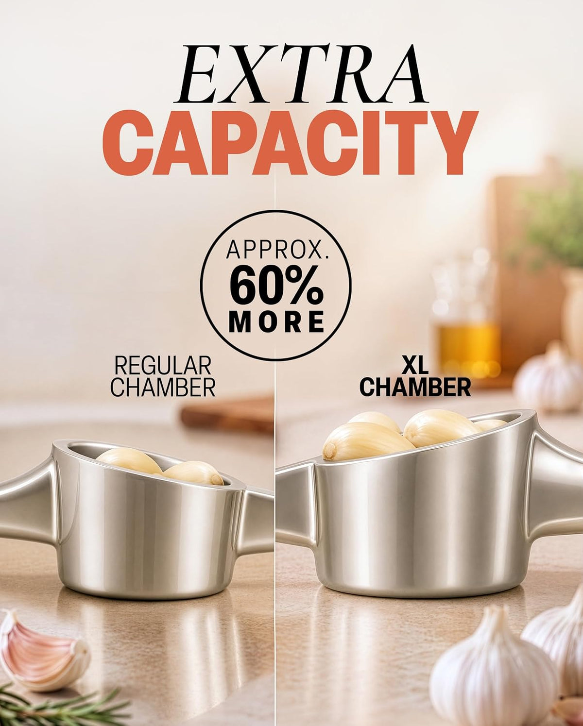 Large Premium Garlic Press Set - Bigger Bowl for Bigger Garlic - Rust Proof Garlic Mincer Tool - Easy-Squeeze, Easy-Clean Silicone Garlic Peeler & Brush (Silver)