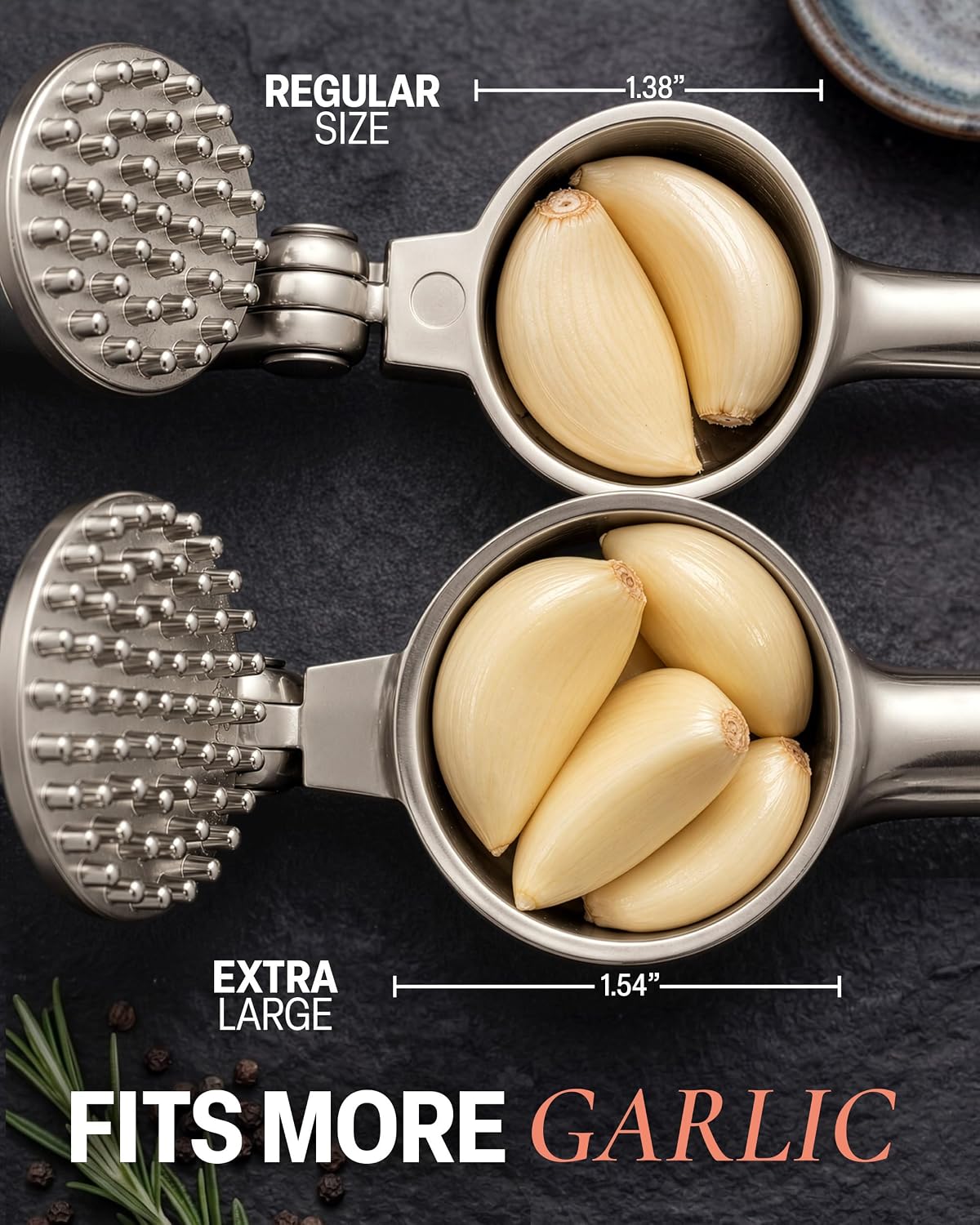 Large Premium Garlic Press Set - Bigger Bowl for Bigger Garlic - Rust Proof Garlic Mincer Tool - Easy-Squeeze, Easy-Clean Silicone Garlic Peeler & Brush (Silver)