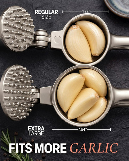 Large Premium Garlic Press Set - Bigger Bowl for Bigger Garlic - Rust Proof Garlic Mincer Tool - Easy-Squeeze, Easy-Clean Silicone Garlic Peeler & Brush (Silver)