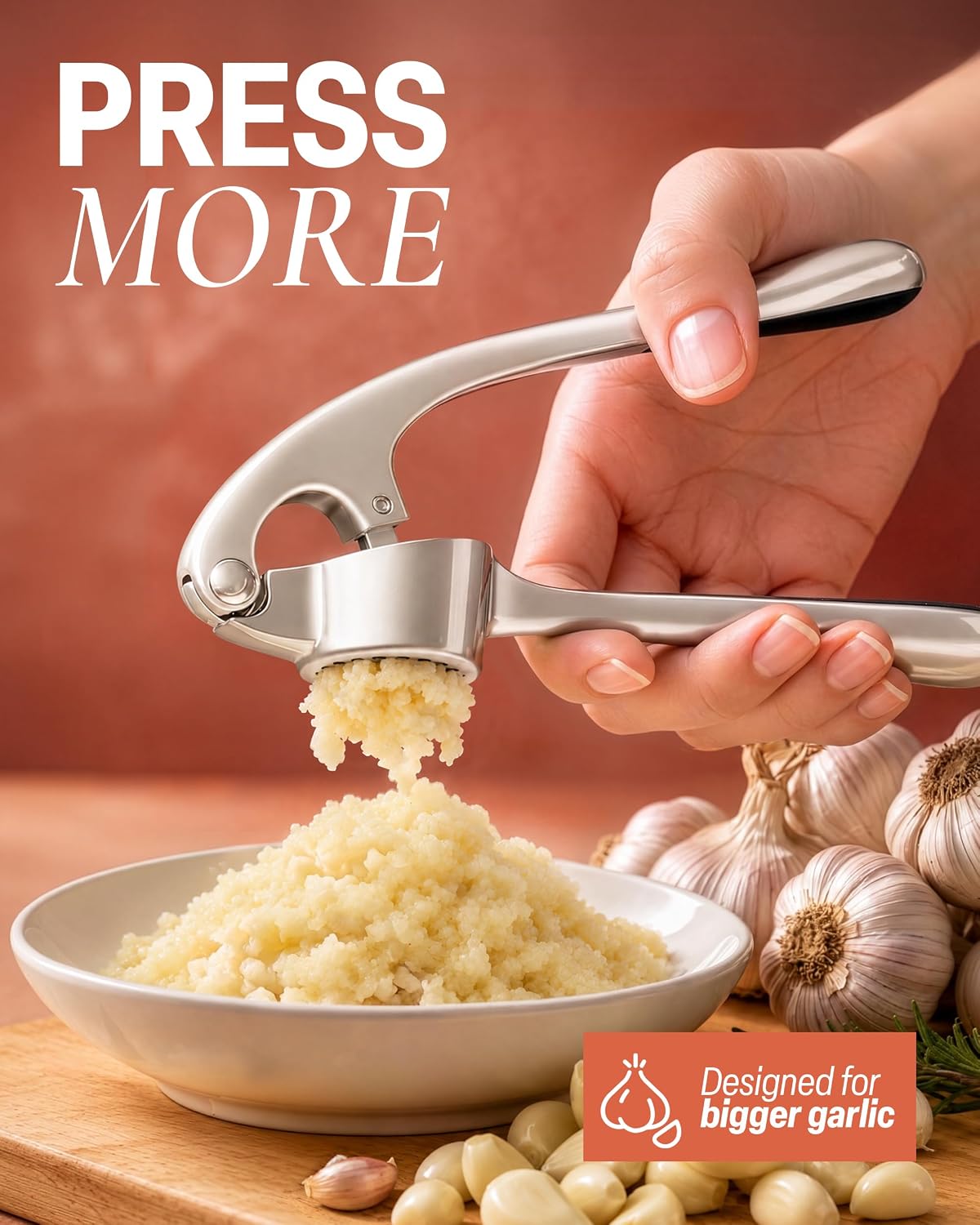 Large Premium Garlic Press Set - Bigger Bowl for Bigger Garlic - Rust Proof Garlic Mincer Tool - Easy-Squeeze, Easy-Clean Silicone Garlic Peeler & Brush (Silver)