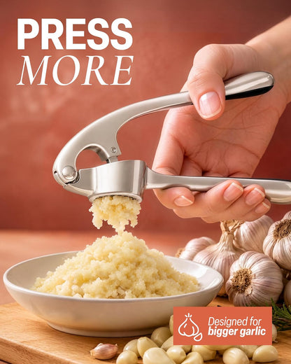 Large Premium Garlic Press Set - Bigger Bowl for Bigger Garlic - Rust Proof Garlic Mincer Tool - Easy-Squeeze, Easy-Clean Silicone Garlic Peeler & Brush (Silver)