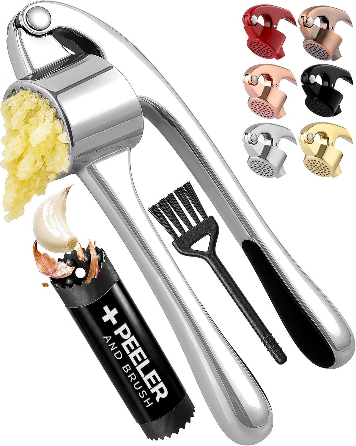Large Premium Garlic Press Set - Bigger Bowl for Bigger Garlic - Rust Proof Garlic Mincer Tool - Easy-Squeeze, Easy-Clean Silicone Garlic Peeler & Brush (Silver)