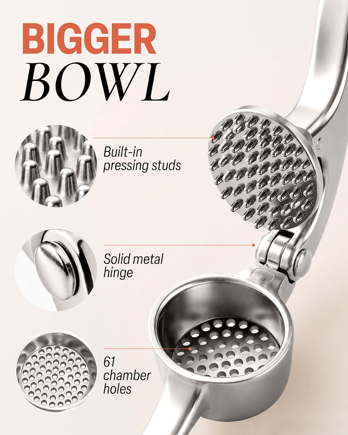 Large Premium Garlic Press Set - Bigger Bowl for Bigger Garlic - Rust Proof Garlic Mincer Tool - Easy-Squeeze, Easy-Clean Silicone Garlic Peeler & Brush (Silver)