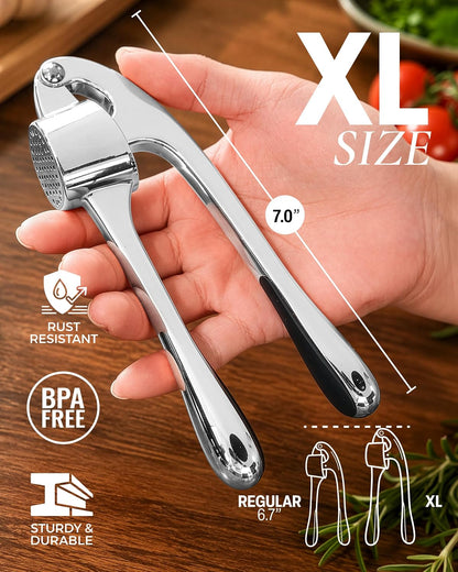 Large Premium Garlic Press Set - Bigger Bowl for Bigger Garlic - Rust Proof Garlic Mincer Tool - Easy-Squeeze, Easy-Clean Silicone Garlic Peeler & Brush (Silver)