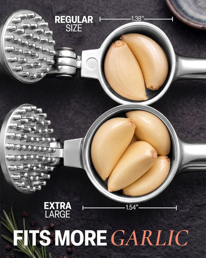 Large Premium Garlic Press Set - Bigger Bowl for Bigger Garlic - Rust Proof Garlic Mincer Tool - Easy-Squeeze, Easy-Clean Silicone Garlic Peeler & Brush (Silver)