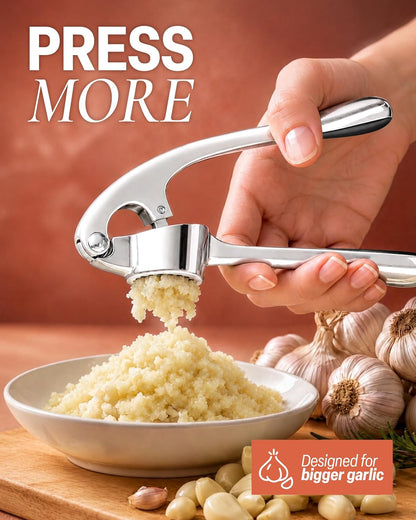 Large Premium Garlic Press Set - Bigger Bowl for Bigger Garlic - Rust Proof Garlic Mincer Tool - Easy-Squeeze, Easy-Clean Silicone Garlic Peeler & Brush (Silver)