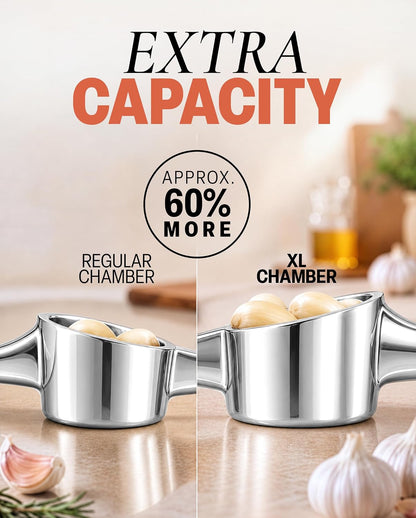 Large Premium Garlic Press Set - Bigger Bowl for Bigger Garlic - Rust Proof Garlic Mincer Tool - Easy-Squeeze, Easy-Clean Silicone Garlic Peeler & Brush (Silver)
