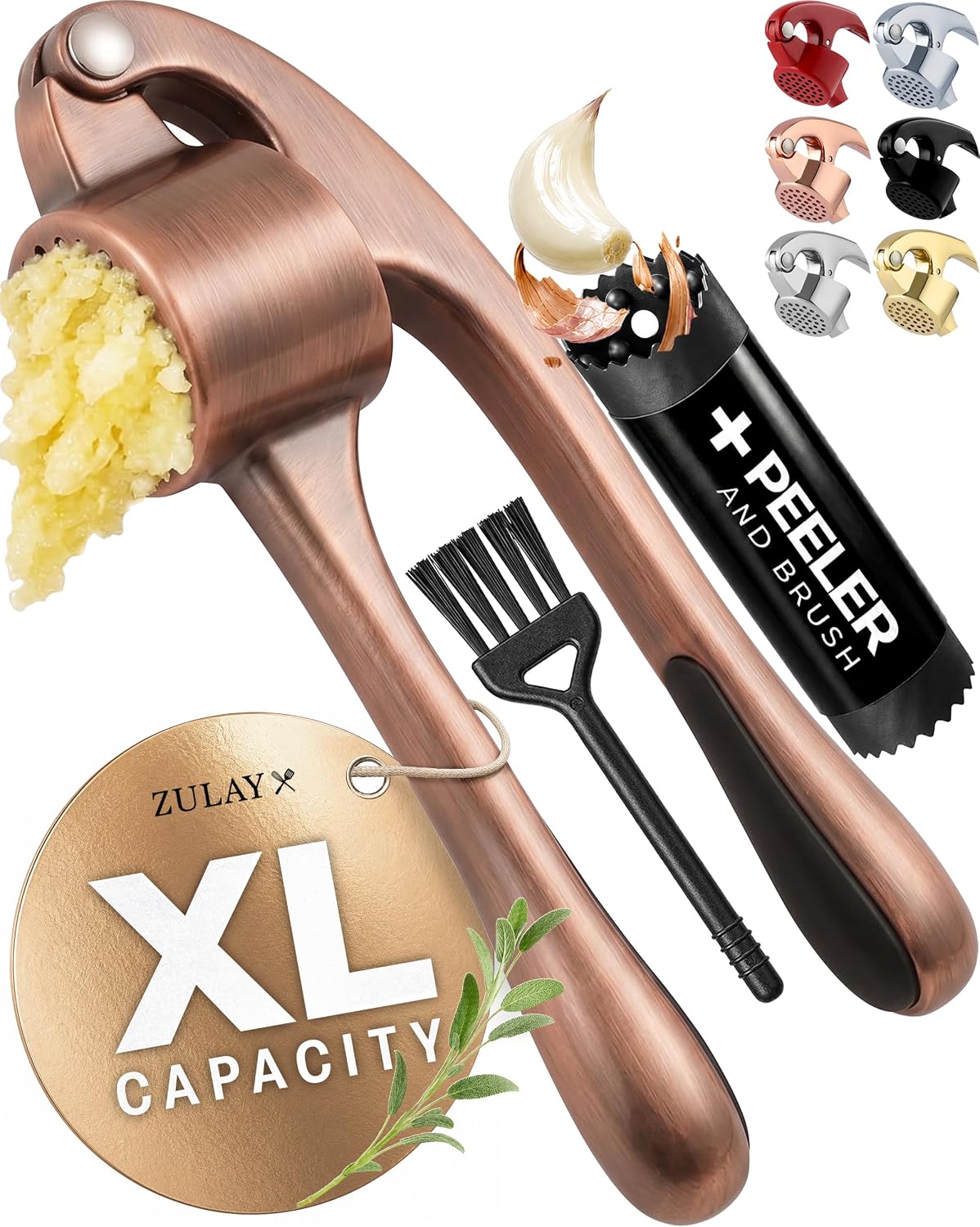 Large Premium Garlic Press Set - Bigger Bowl for Bigger Garlic - Rust Proof Garlic Mincer Tool - Easy-Squeeze, Easy-Clean Silicone Garlic Peeler & Brush (Silver)