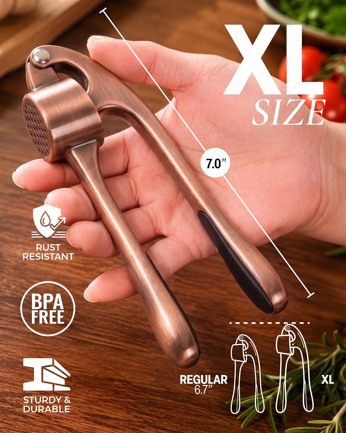 Large Premium Garlic Press Set - Bigger Bowl for Bigger Garlic - Rust Proof Garlic Mincer Tool - Easy-Squeeze, Easy-Clean Silicone Garlic Peeler & Brush (Silver)
