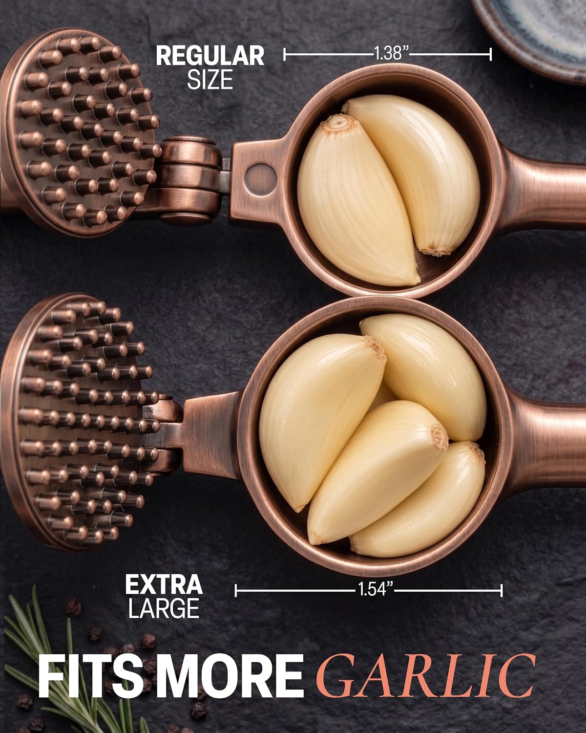 Large Premium Garlic Press Set - Bigger Bowl for Bigger Garlic - Rust Proof Garlic Mincer Tool - Easy-Squeeze, Easy-Clean Silicone Garlic Peeler & Brush (Silver)