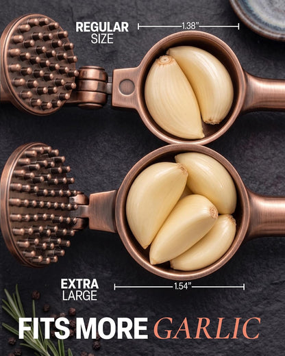 Large Premium Garlic Press Set - Bigger Bowl for Bigger Garlic - Rust Proof Garlic Mincer Tool - Easy-Squeeze, Easy-Clean Silicone Garlic Peeler & Brush (Silver)
