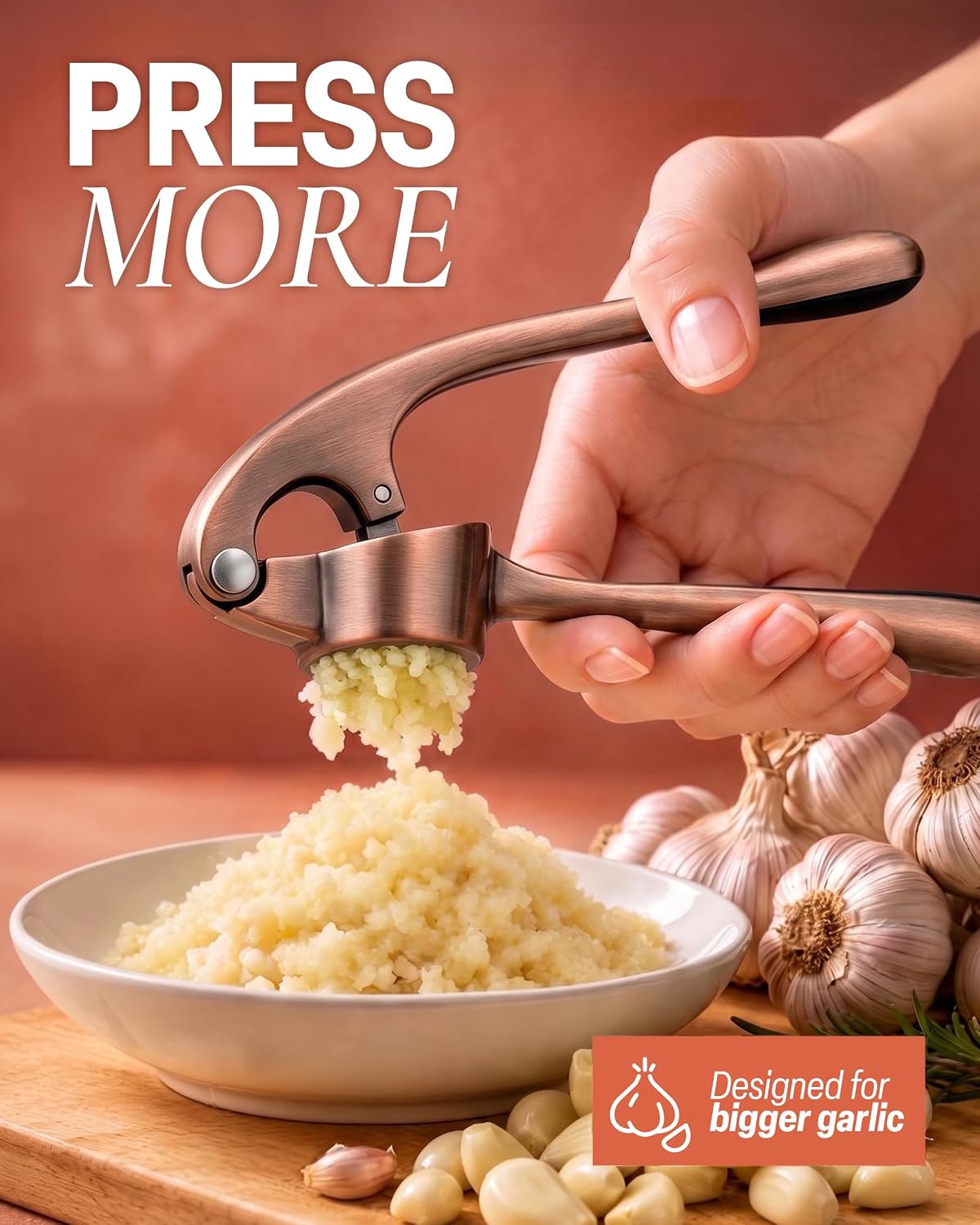 Large Premium Garlic Press Set - Bigger Bowl for Bigger Garlic - Rust Proof Garlic Mincer Tool - Easy-Squeeze, Easy-Clean Silicone Garlic Peeler & Brush (Silver)