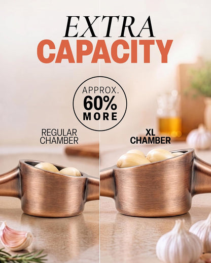 Large Premium Garlic Press Set - Bigger Bowl for Bigger Garlic - Rust Proof Garlic Mincer Tool - Easy-Squeeze, Easy-Clean Silicone Garlic Peeler & Brush (Silver)