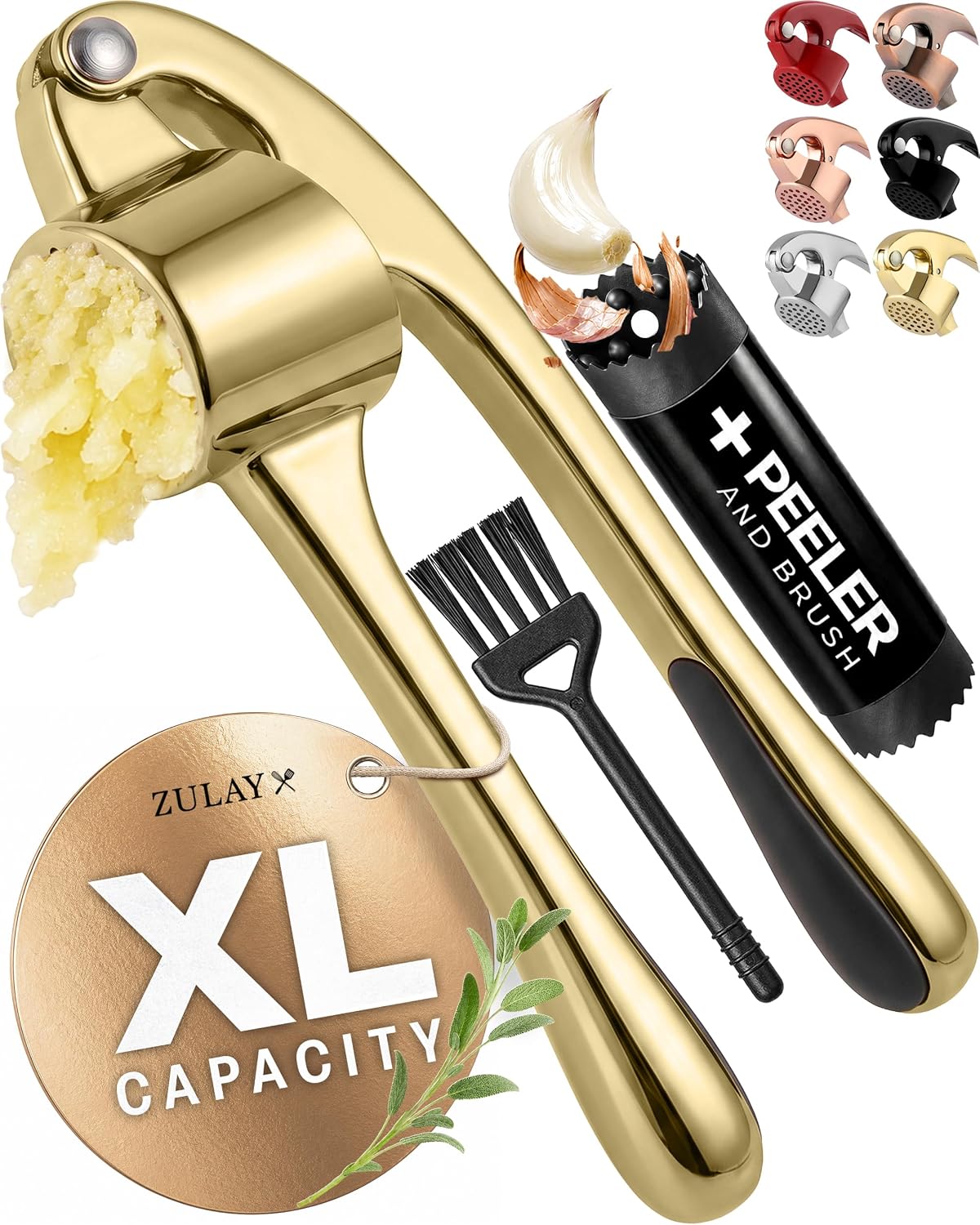 Large Premium Garlic Press Set - Bigger Bowl for Bigger Garlic - Rust Proof Garlic Mincer Tool - Easy-Squeeze, Easy-Clean Silicone Garlic Peeler & Brush (Silver)