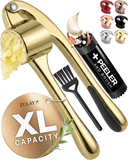 Large Premium Garlic Press Set - Bigger Bowl for Bigger Garlic - Rust Proof Garlic Mincer Tool - Easy-Squeeze, Easy-Clean Silicone Garlic Peeler & Brush (Silver)