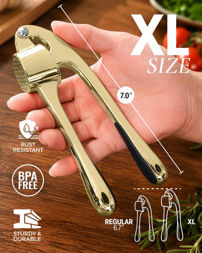 Large Premium Garlic Press Set - Bigger Bowl for Bigger Garlic - Rust Proof Garlic Mincer Tool - Easy-Squeeze, Easy-Clean Silicone Garlic Peeler & Brush (Silver)