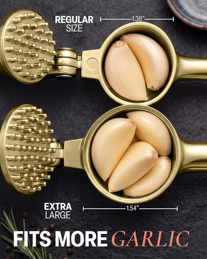 Large Premium Garlic Press Set - Bigger Bowl for Bigger Garlic - Rust Proof Garlic Mincer Tool - Easy-Squeeze, Easy-Clean Silicone Garlic Peeler & Brush (Silver)