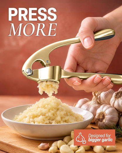 Large Premium Garlic Press Set - Bigger Bowl for Bigger Garlic - Rust Proof Garlic Mincer Tool - Easy-Squeeze, Easy-Clean Silicone Garlic Peeler & Brush (Silver)