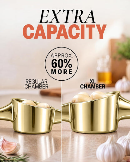 Large Premium Garlic Press Set - Bigger Bowl for Bigger Garlic - Rust Proof Garlic Mincer Tool - Easy-Squeeze, Easy-Clean Silicone Garlic Peeler & Brush (Silver)