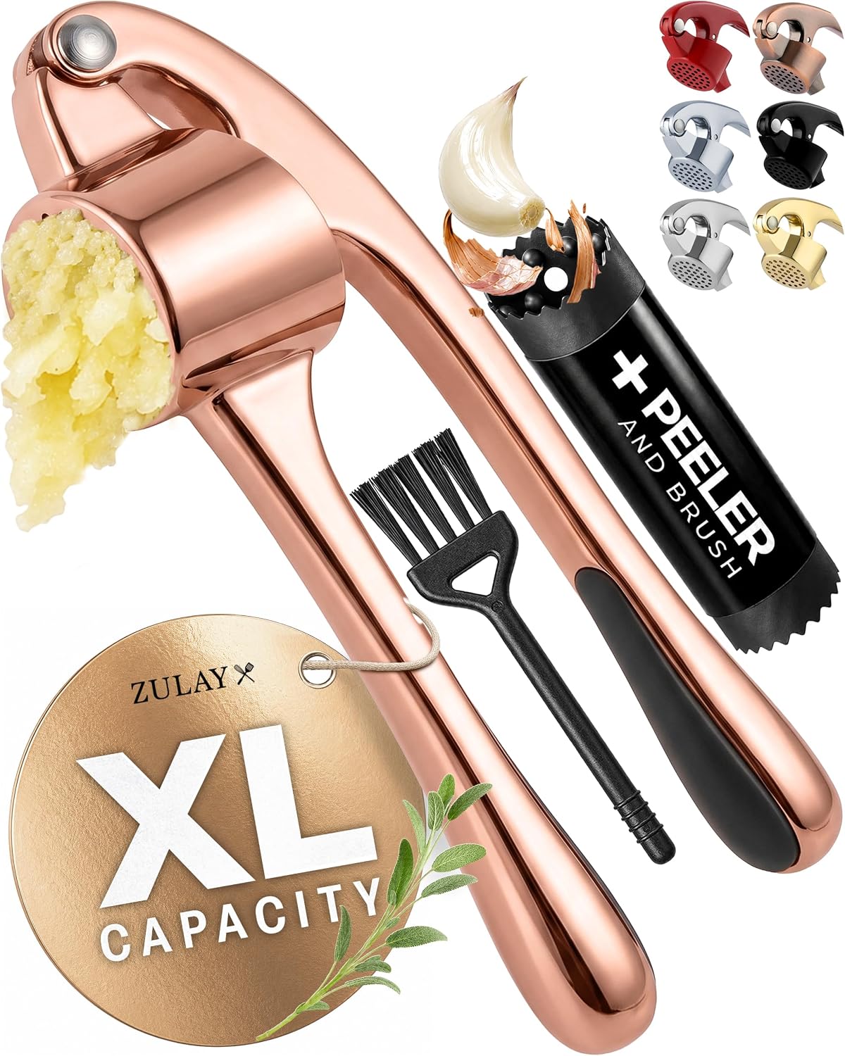 Large Premium Garlic Press Set - Bigger Bowl for Bigger Garlic - Rust Proof Garlic Mincer Tool - Easy-Squeeze, Easy-Clean Silicone Garlic Peeler & Brush (Silver)