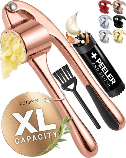 Large Premium Garlic Press Set - Bigger Bowl for Bigger Garlic - Rust Proof Garlic Mincer Tool - Easy-Squeeze, Easy-Clean Silicone Garlic Peeler & Brush (Silver)