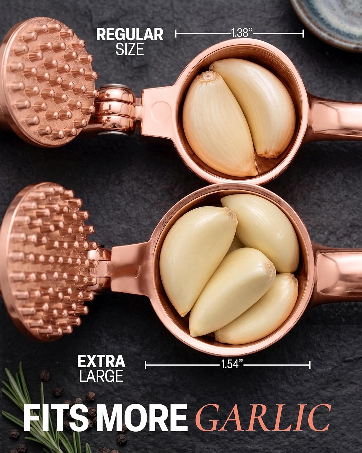 Large Premium Garlic Press Set - Bigger Bowl for Bigger Garlic - Rust Proof Garlic Mincer Tool - Easy-Squeeze, Easy-Clean Silicone Garlic Peeler & Brush (Silver)