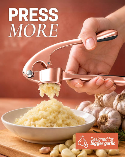 Large Premium Garlic Press Set - Bigger Bowl for Bigger Garlic - Rust Proof Garlic Mincer Tool - Easy-Squeeze, Easy-Clean Silicone Garlic Peeler & Brush (Silver)