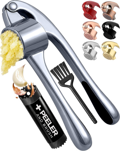 Large Premium Garlic Press Set - Bigger Bowl for Bigger Garlic - Rust Proof Garlic Mincer Tool - Easy-Squeeze, Easy-Clean Silicone Garlic Peeler & Brush (Silver)