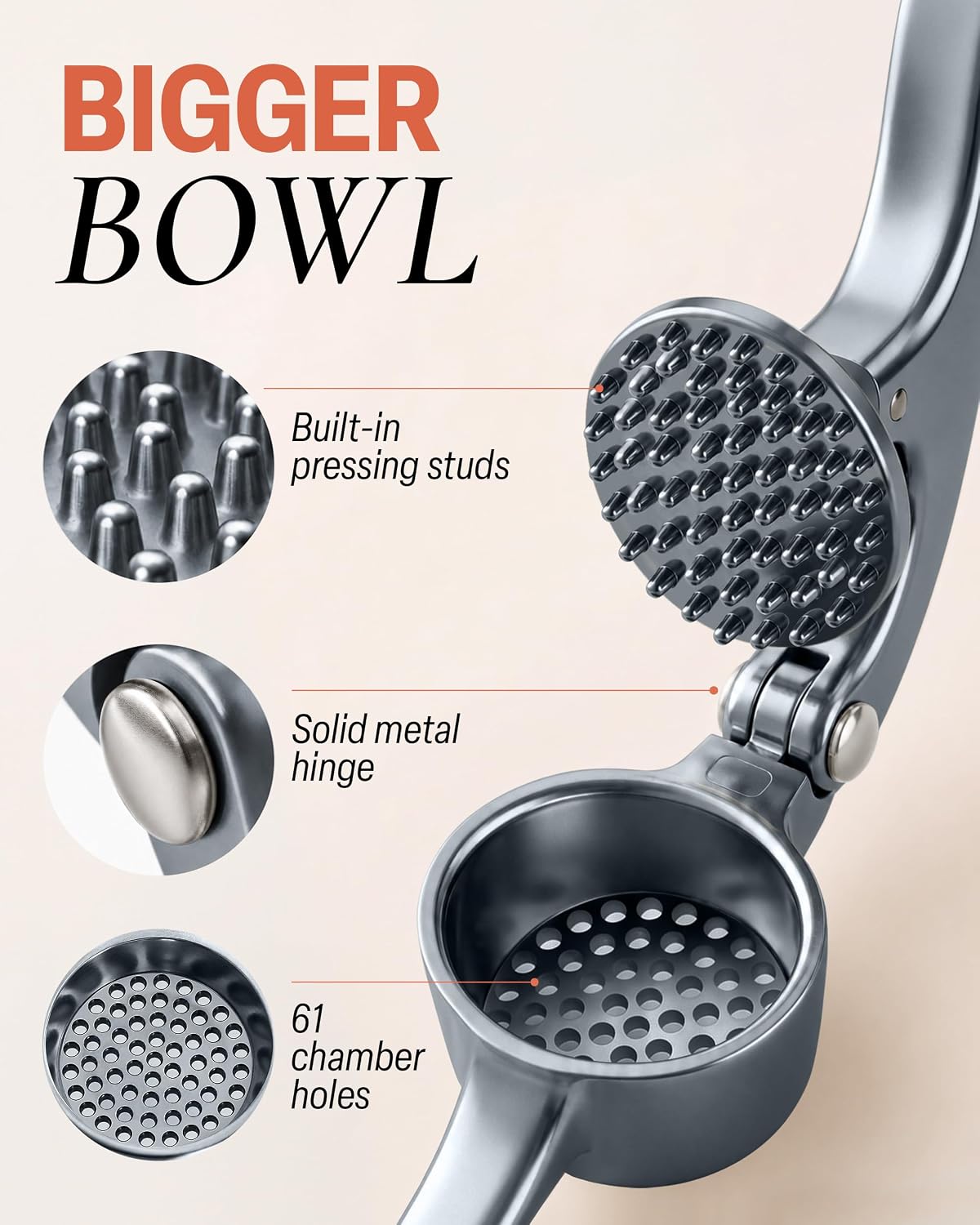 Large Premium Garlic Press Set - Bigger Bowl for Bigger Garlic - Rust Proof Garlic Mincer Tool - Easy-Squeeze, Easy-Clean Silicone Garlic Peeler & Brush (Silver)
