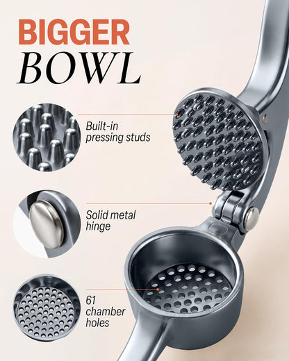 Large Premium Garlic Press Set - Bigger Bowl for Bigger Garlic - Rust Proof Garlic Mincer Tool - Easy-Squeeze, Easy-Clean Silicone Garlic Peeler & Brush (Silver)