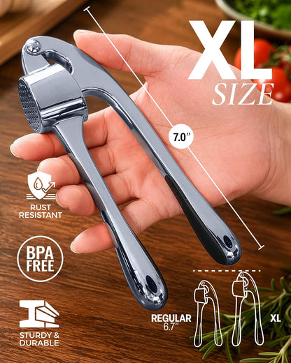 Large Premium Garlic Press Set - Bigger Bowl for Bigger Garlic - Rust Proof Garlic Mincer Tool - Easy-Squeeze, Easy-Clean Silicone Garlic Peeler & Brush (Silver)