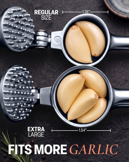 Large Premium Garlic Press Set - Bigger Bowl for Bigger Garlic - Rust Proof Garlic Mincer Tool - Easy-Squeeze, Easy-Clean Silicone Garlic Peeler & Brush (Silver)