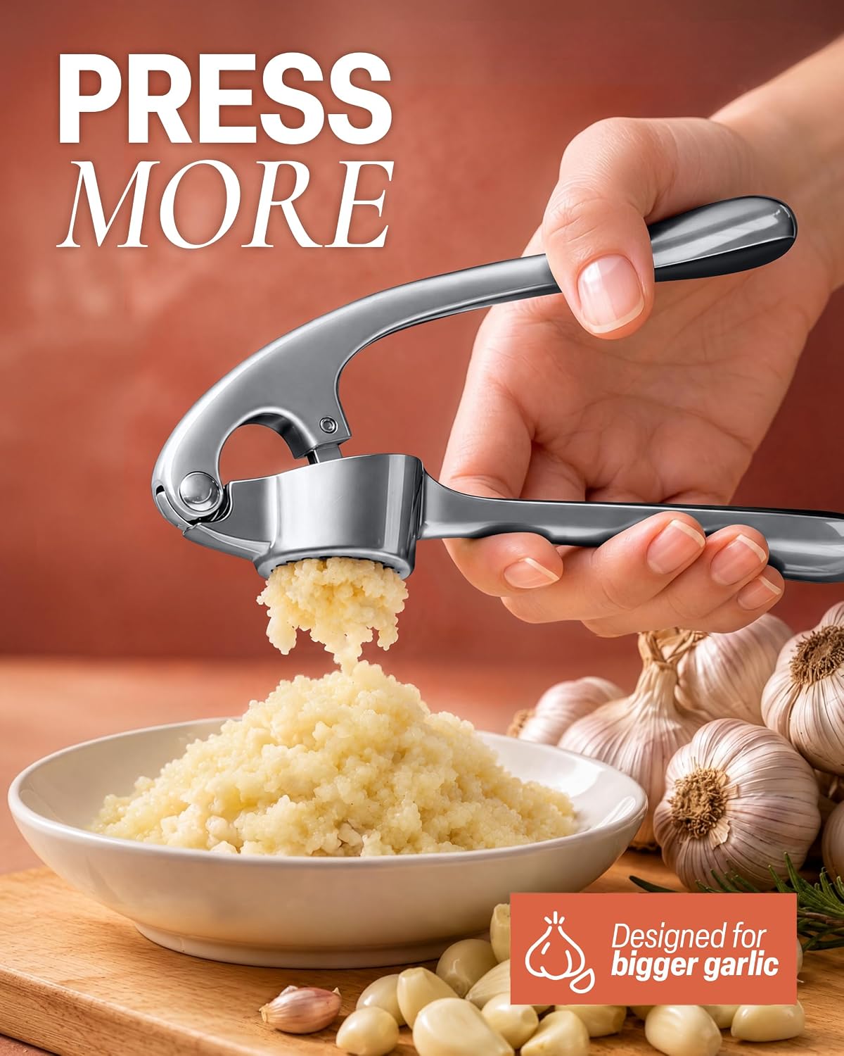 Large Premium Garlic Press Set - Bigger Bowl for Bigger Garlic - Rust Proof Garlic Mincer Tool - Easy-Squeeze, Easy-Clean Silicone Garlic Peeler & Brush (Silver)